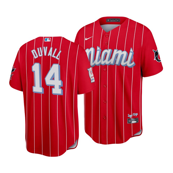 Men's Red Miami Marlins #14 Adam Duvall 2021 City Connect Cool Base Stitched Jersey